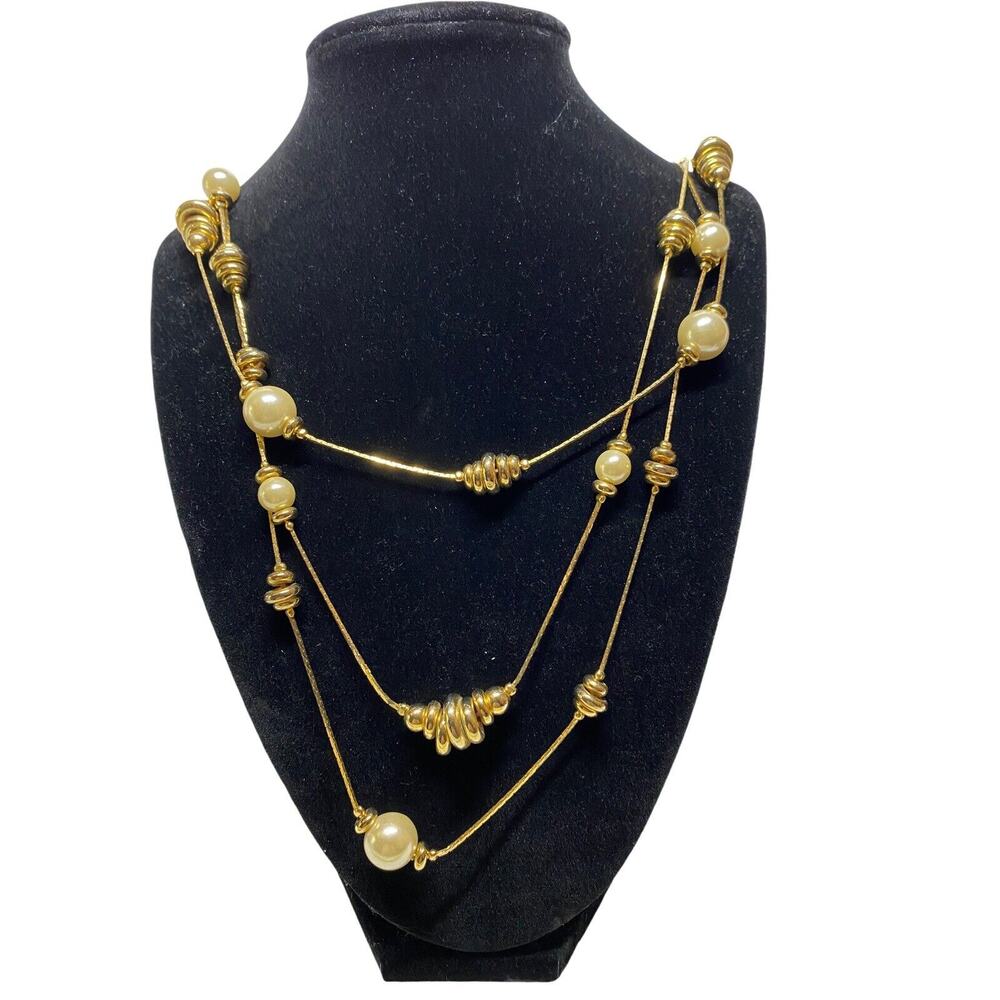 Vintage 70s Multi Strand Faux Pearl Gold Tone Bangle Beads Multi Chain Necklace - Picture 1 of 5